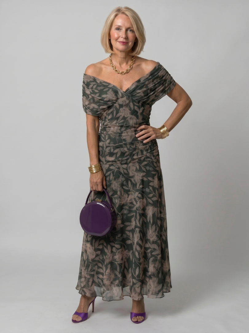 Calen | Vestido midi de hombro descubierto con caída fluida