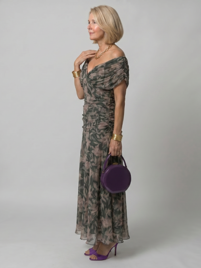 Calen | Vestido midi de hombro descubierto con caída fluida