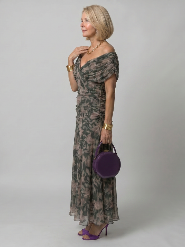Calen | Vestido midi de hombro descubierto con caída fluida