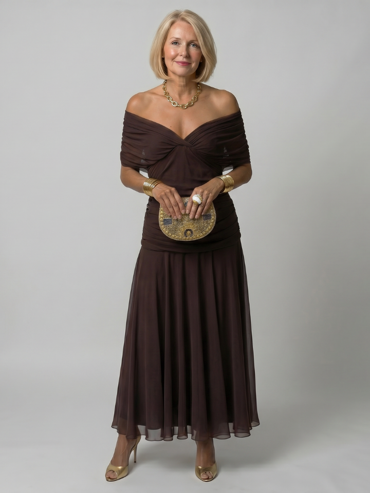 Calen | Vestido midi de hombro descubierto con caída fluida