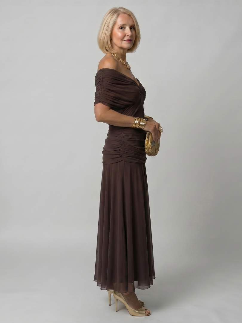 Calen | Vestido midi de hombro descubierto con caída fluida