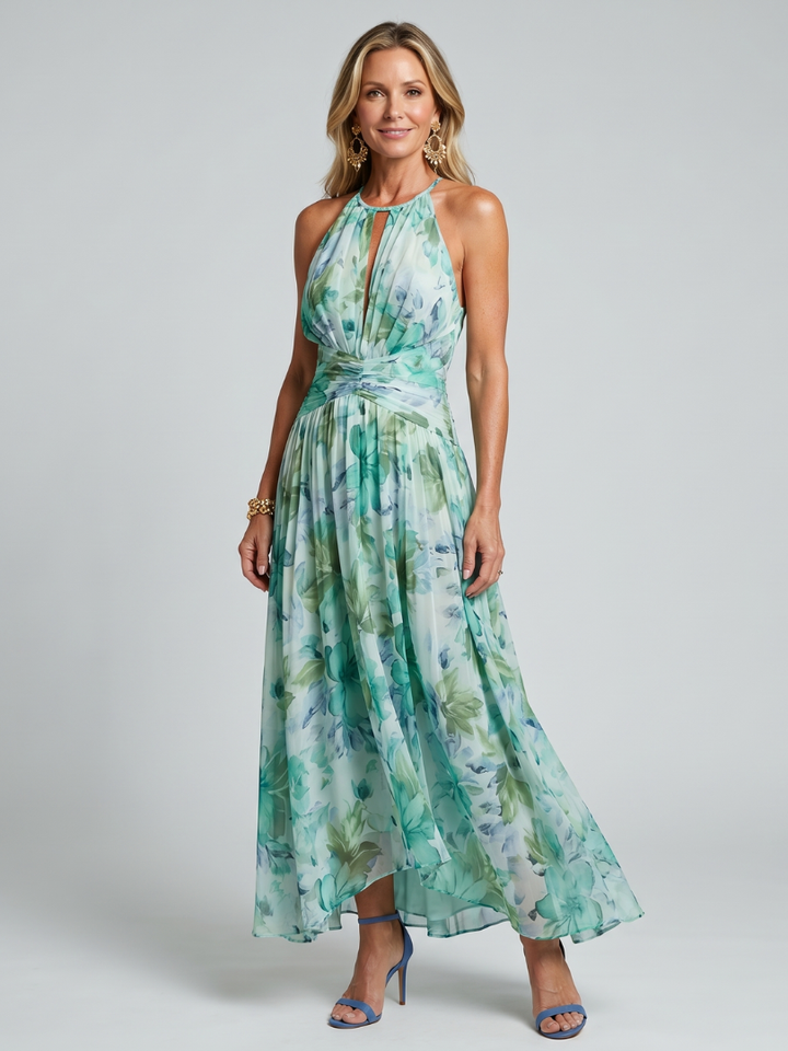 Portia | Vestido midi plisado con escote halter y estampado floral suave