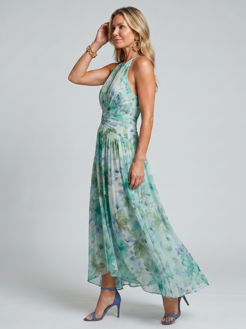 Portia | Vestido midi plisado con escote halter y estampado floral suave