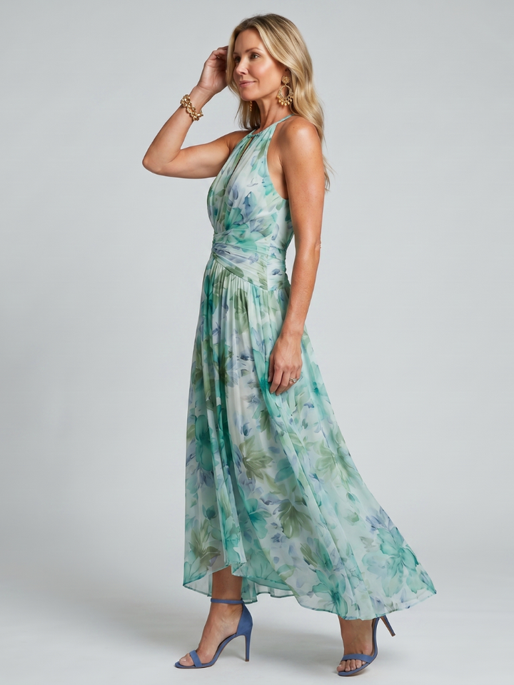 Portia | Vestido midi plisado con escote halter y estampado floral suave