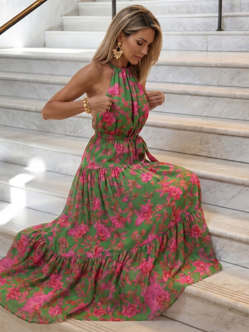 Rowen | Vestido midi drapeado con escote halter