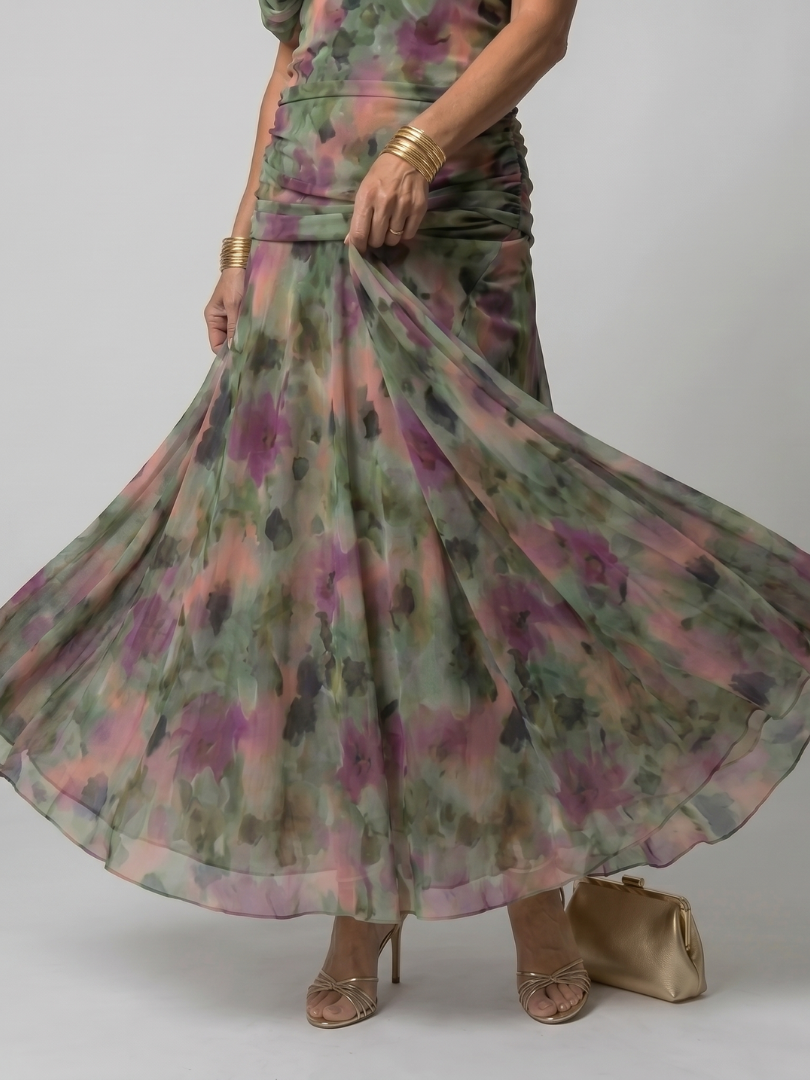 Calen | Vestido midi de hombro descubierto con caída fluida
