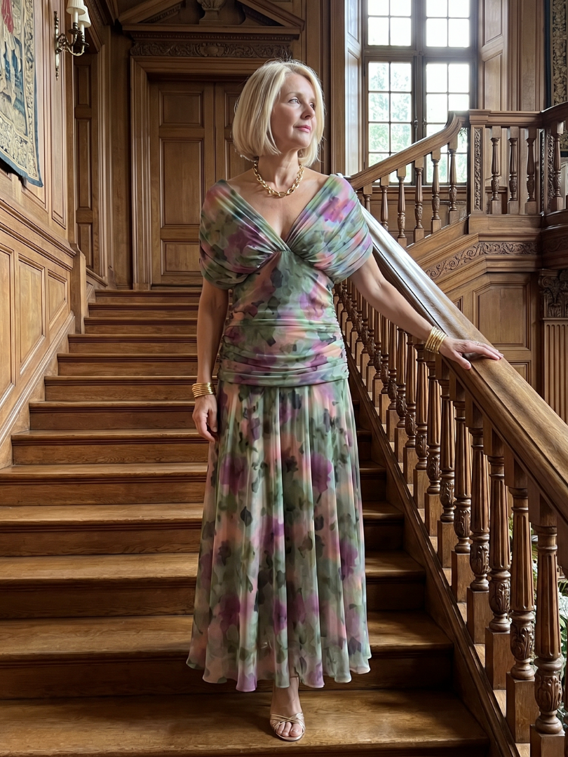 Calen | Vestido midi de hombro descubierto con caída fluida