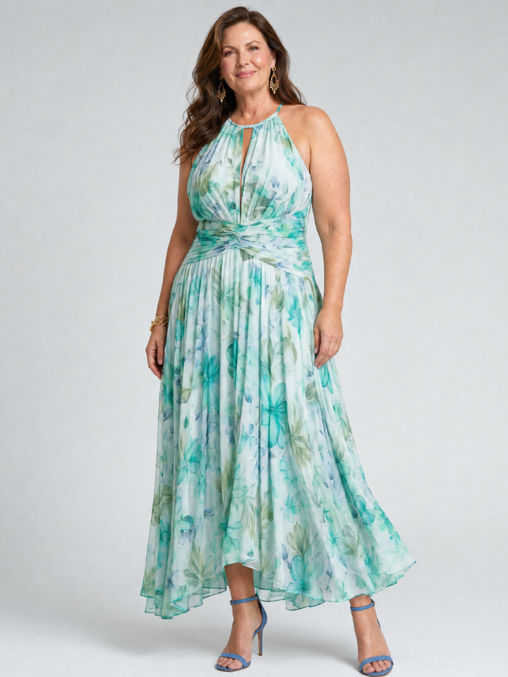 Portia | Vestido midi plisado con escote halter y estampado floral suave