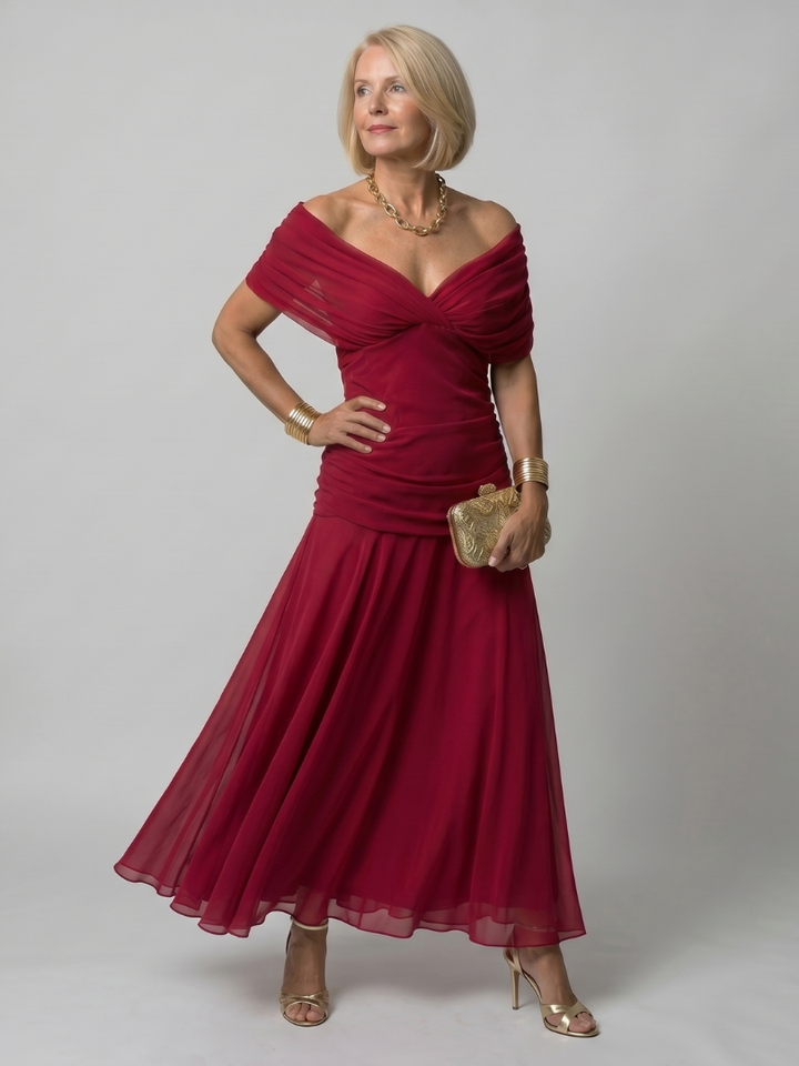 Calen | Vestido midi de hombro descubierto con caída fluida