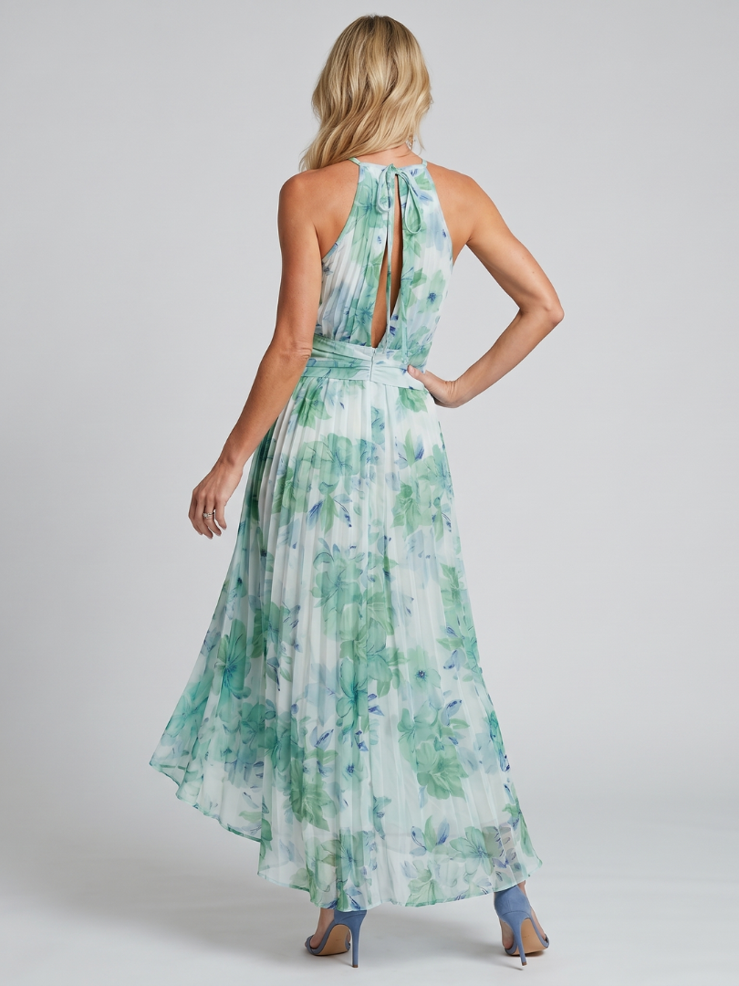 Portia | Vestido midi plisado con escote halter y estampado floral suave