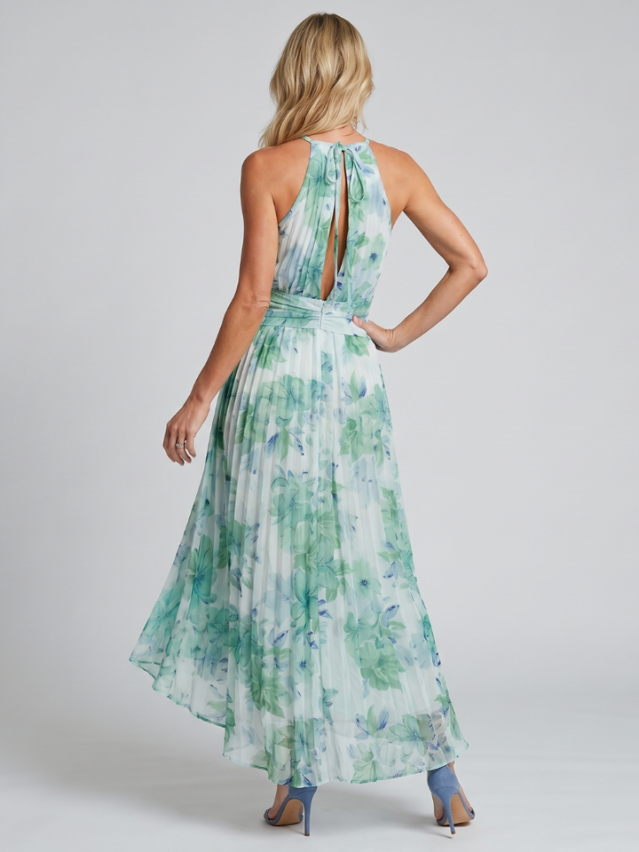 Portia | Vestido midi plisado con escote halter y estampado floral suave